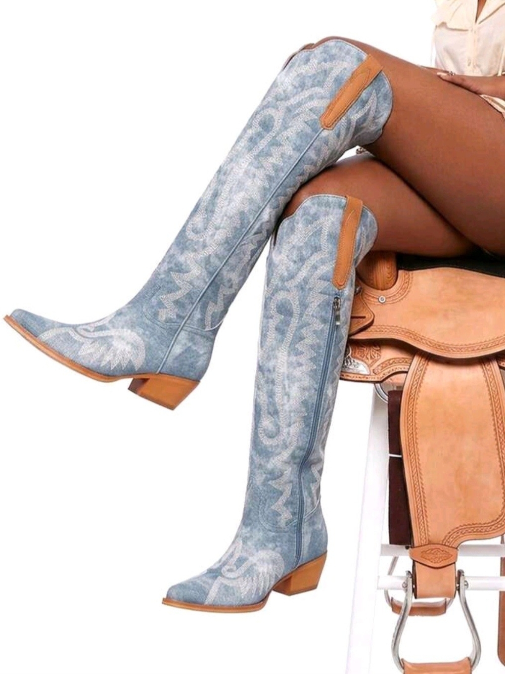 Women’s Light Blue Embroidered Knee-High Western Boots